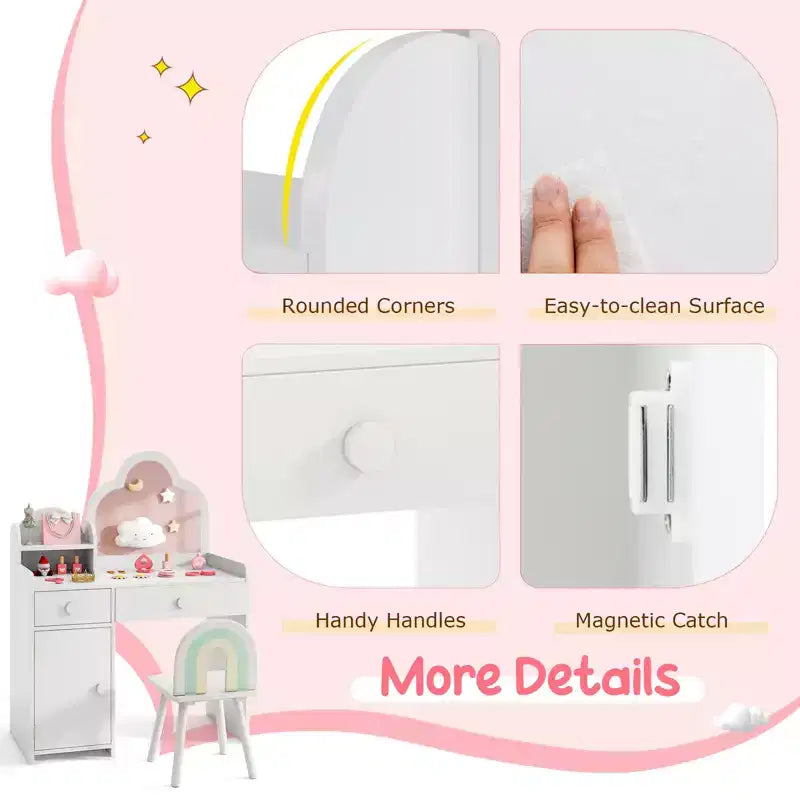 Costway Kids Vanity Table and Chair Set with Cloud-shaped Mirror Open Shelf Storage Drawers White/Pink/Purple