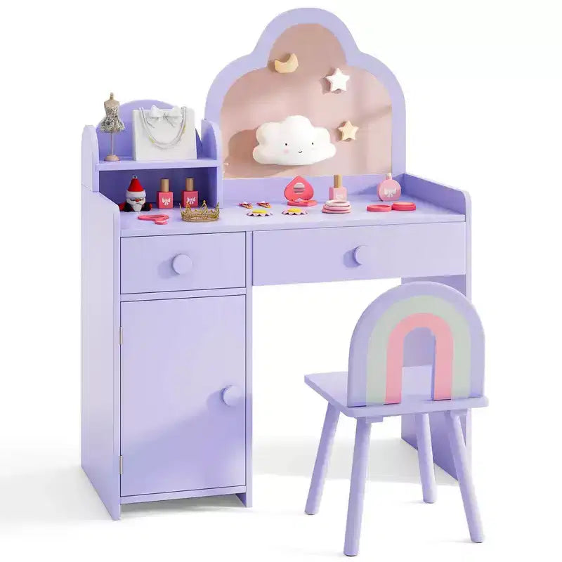 Costway Kids Vanity Table and Chair Set with Cloud-shaped Mirror Open Shelf Storage Drawers White/Pink/Purple