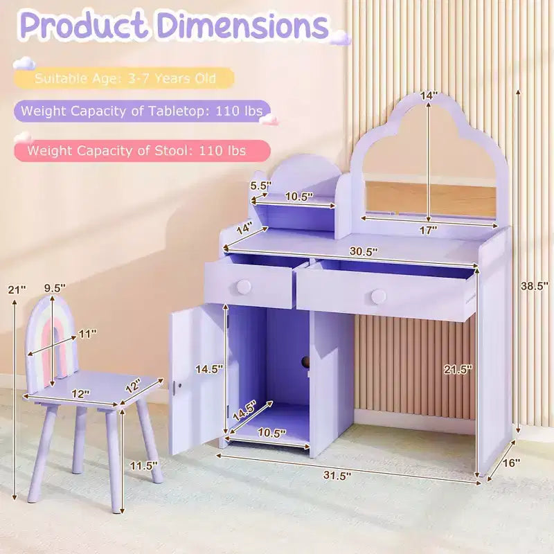 Costway Kids Vanity Table and Chair Set with Cloud-shaped Mirror Open Shelf Storage Drawers White/Pink/Purple
