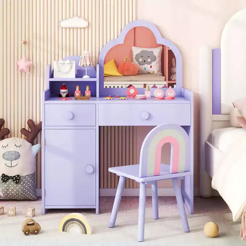 Costway Kids Vanity Table and Chair Set with Cloud-shaped Mirror Open Shelf Storage Drawers White/Pink/Purple