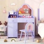 Costway Kids Vanity Table and Chair Set with Cloud-shaped Mirror Open Shelf Storage Drawers White/Pink/Purple