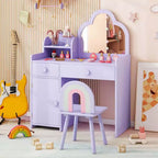 Costway Kids Vanity Table and Chair Set with Cloud-shaped Mirror Open Shelf Storage Drawers White/Pink/Purple