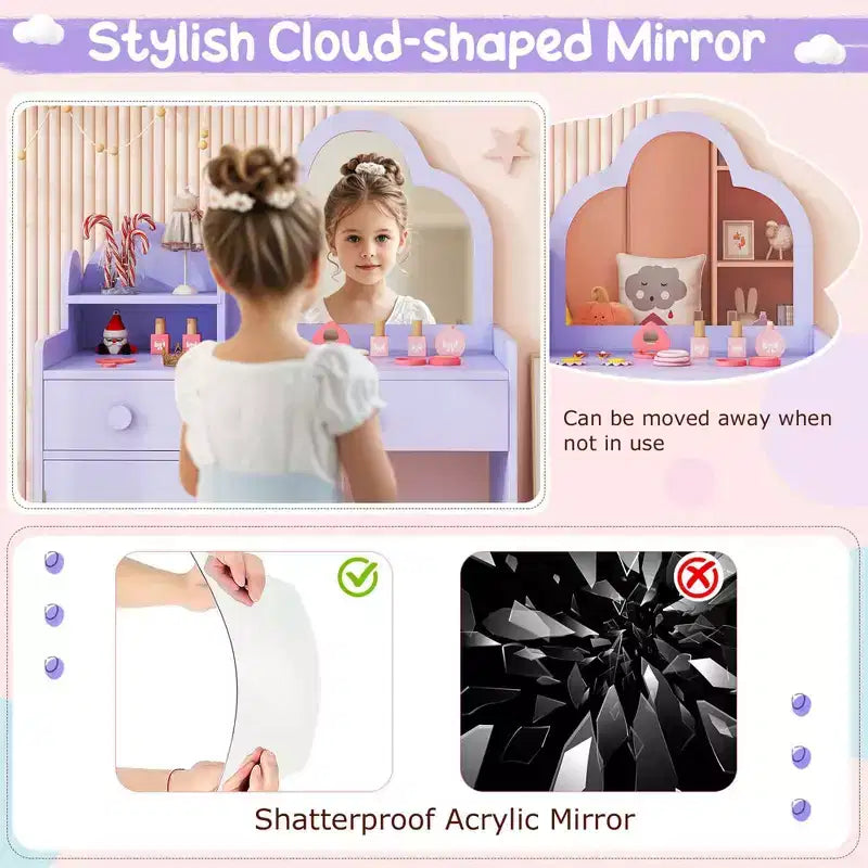 Costway Kids Vanity Table and Chair Set with Cloud-shaped Mirror Open Shelf Storage Drawers White/Pink/Purple