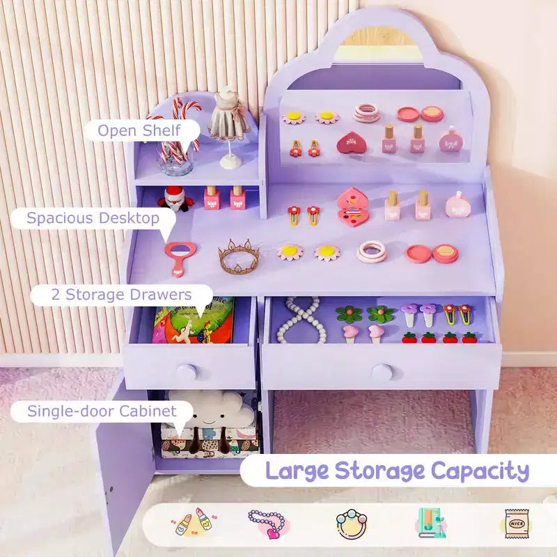 Costway Kids Vanity Table and Chair Set with Cloud-shaped Mirror Open Shelf Storage Drawers White/Pink/Purple