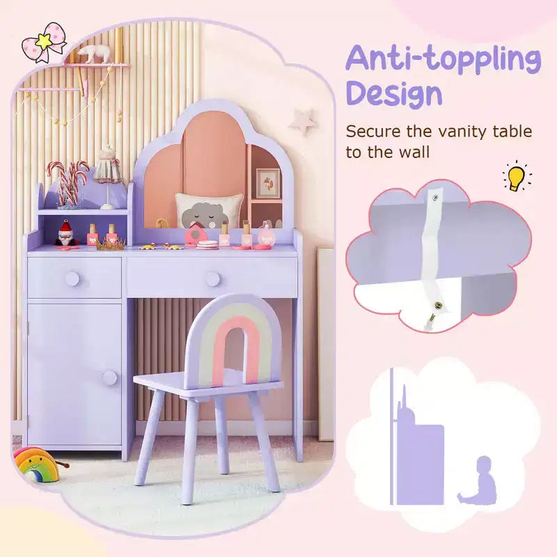Costway Kids Vanity Table and Chair Set with Cloud-shaped Mirror Open Shelf Storage Drawers White/Pink/Purple