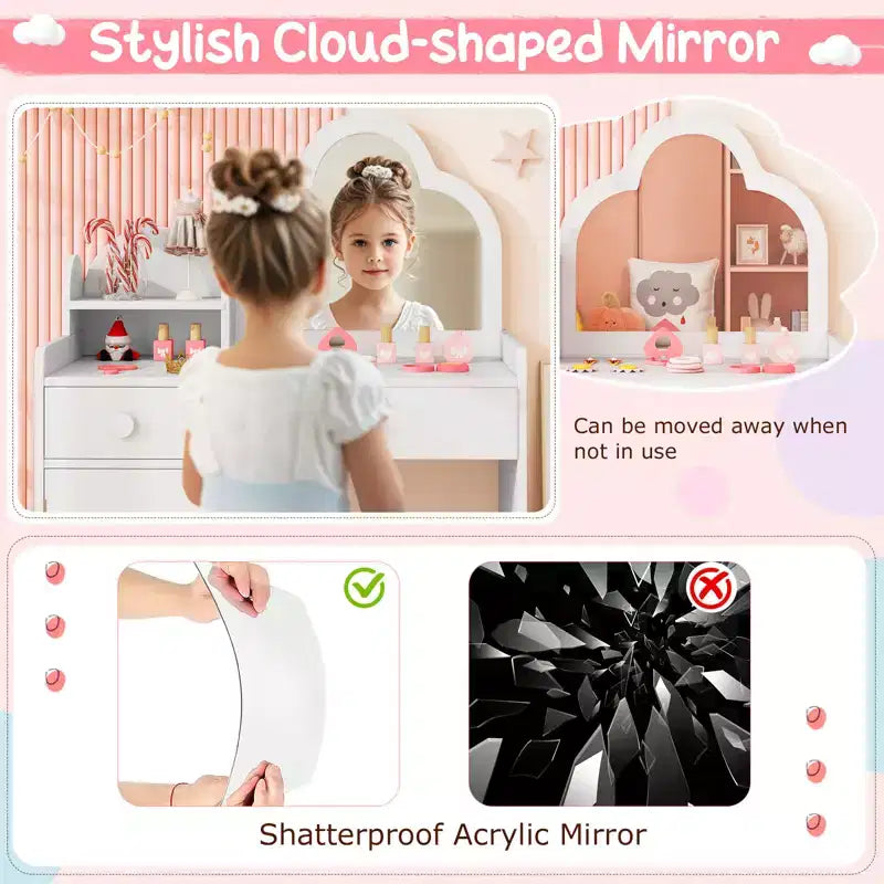 Costway Kids Vanity Table and Chair Set with Cloud-shaped Mirror Open Shelf Storage Drawers White/Pink/Purple