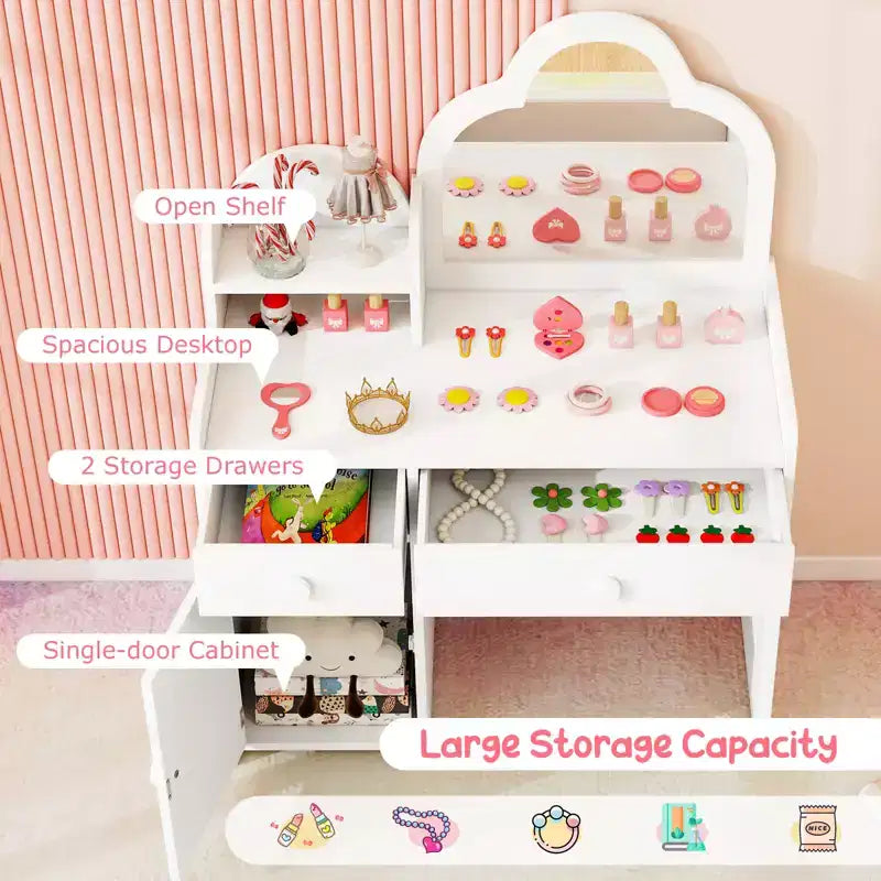 Costway Kids Vanity Table and Chair Set with Cloud-shaped Mirror Open Shelf Storage Drawers White/Pink/Purple