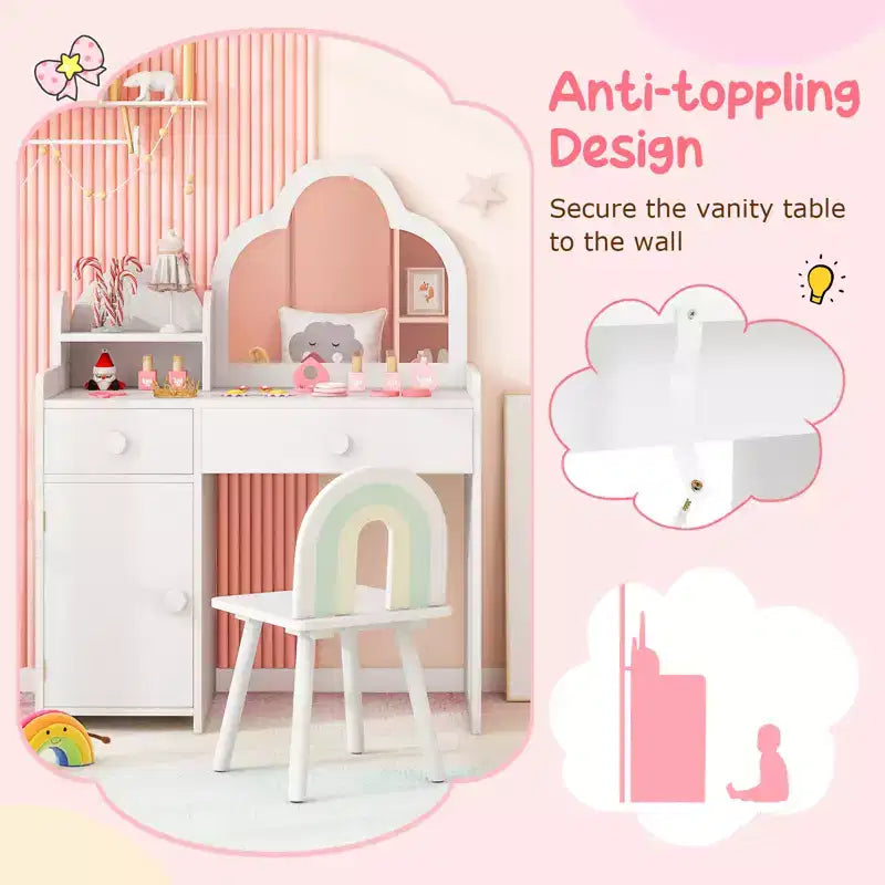 Costway Kids Vanity Table and Chair Set with Cloud-shaped Mirror Open Shelf Storage Drawers White/Pink/Purple