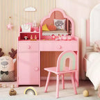 Costway Kids Vanity Table and Chair Set with Cloud-shaped Mirror Open Shelf Storage Drawers White/Pink/Purple