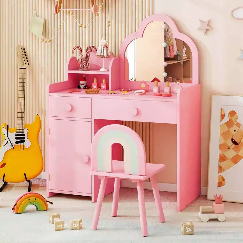 Costway Kids Vanity Table and Chair Set with Cloud-shaped Mirror Open Shelf Storage Drawers White/Pink/Purple