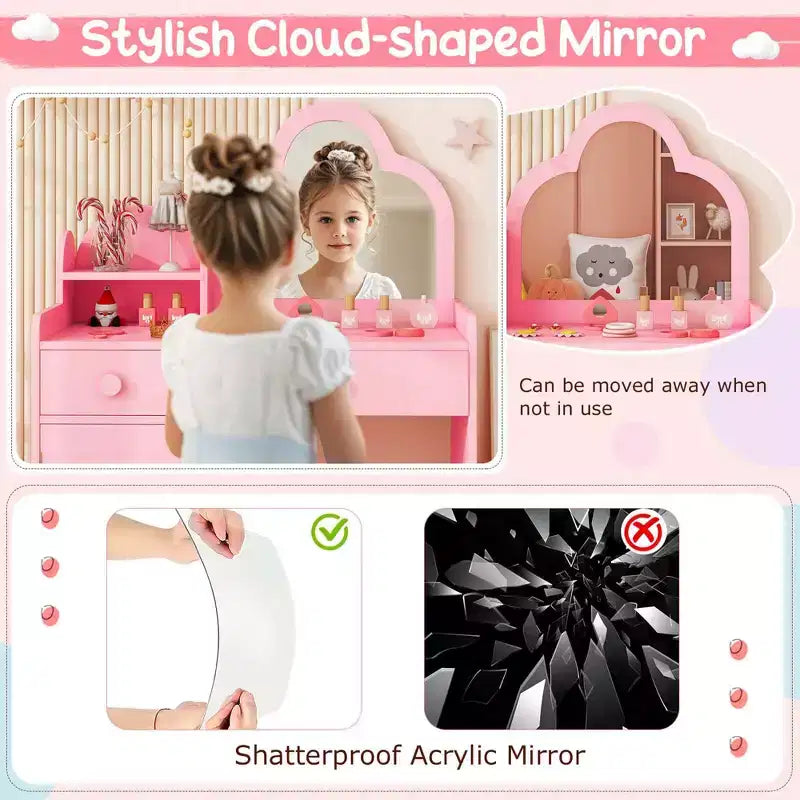 Costway Kids Vanity Table and Chair Set with Cloud-shaped Mirror Open Shelf Storage Drawers White/Pink/Purple