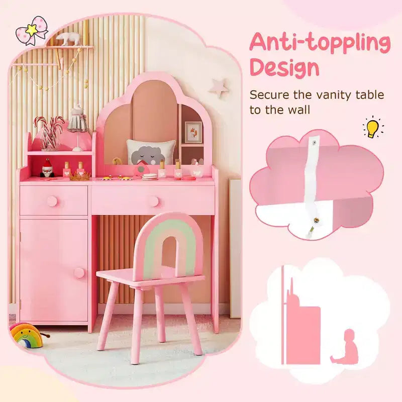 Costway Kids Vanity Table and Chair Set with Cloud-shaped Mirror Open Shelf Storage Drawers White/Pink/Purple