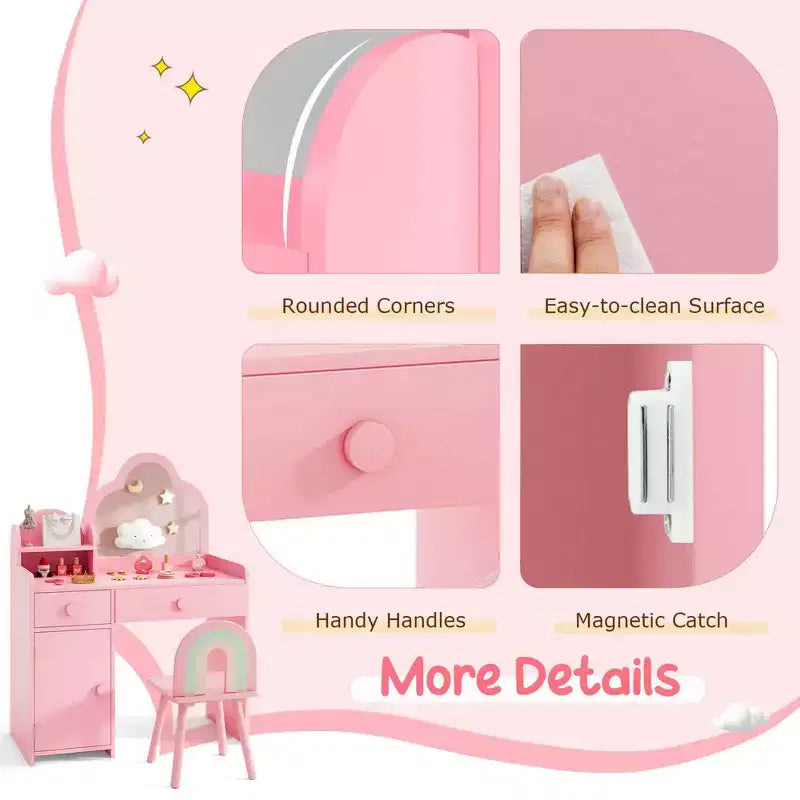 Costway Kids Vanity Table and Chair Set with Cloud-shaped Mirror Open Shelf Storage Drawers White/Pink/Purple