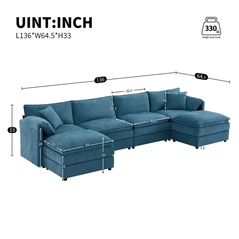 Whisen Modern Design 136 Chenille Modular Sectional Sofa with Double Cushions and Movable Ottomans