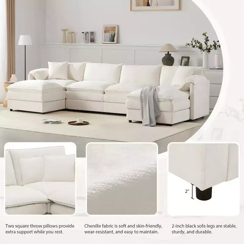Whisen Modern Design 136 Chenille Modular Sectional Sofa with Double Cushions and Movable Ottomans