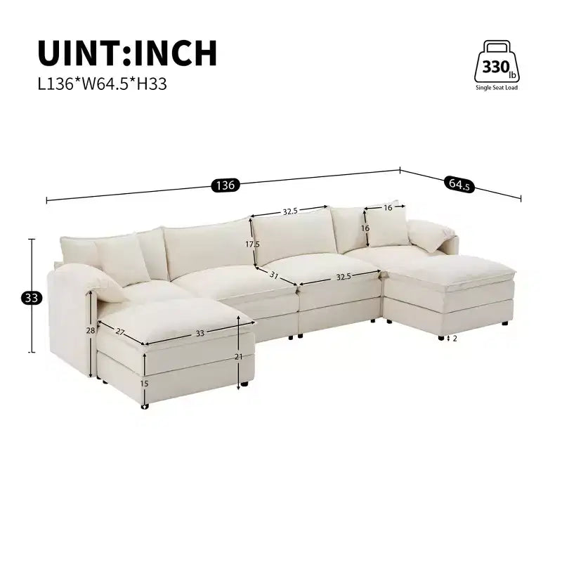 Whisen Modern Design 136 Chenille Modular Sectional Sofa with Double Cushions and Movable Ottomans