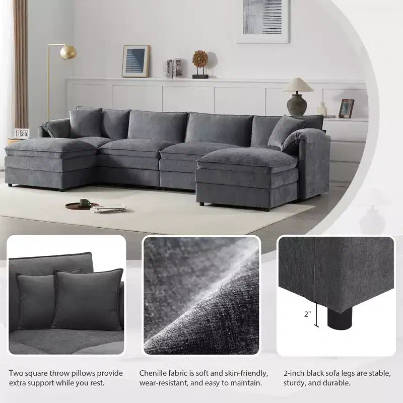 Whisen Modern Design 136 Chenille Modular Sectional Sofa with Double Cushions and Movable Ottomans