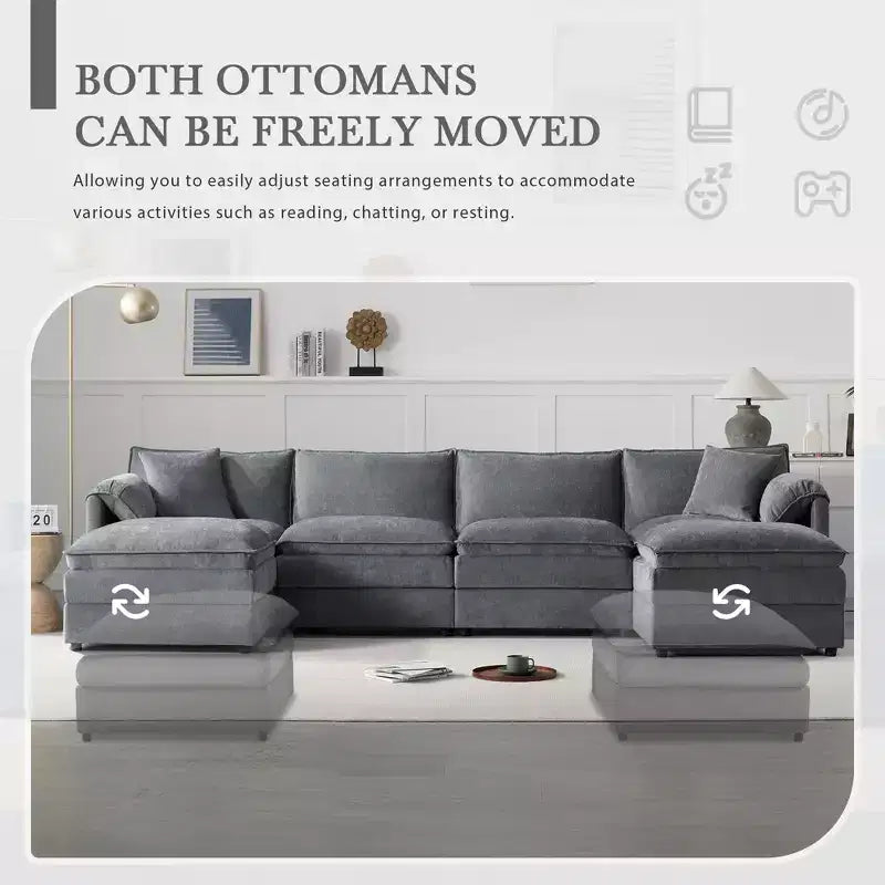 Whisen Modern Design 136 Chenille Modular Sectional Sofa with Double Cushions and Movable Ottomans