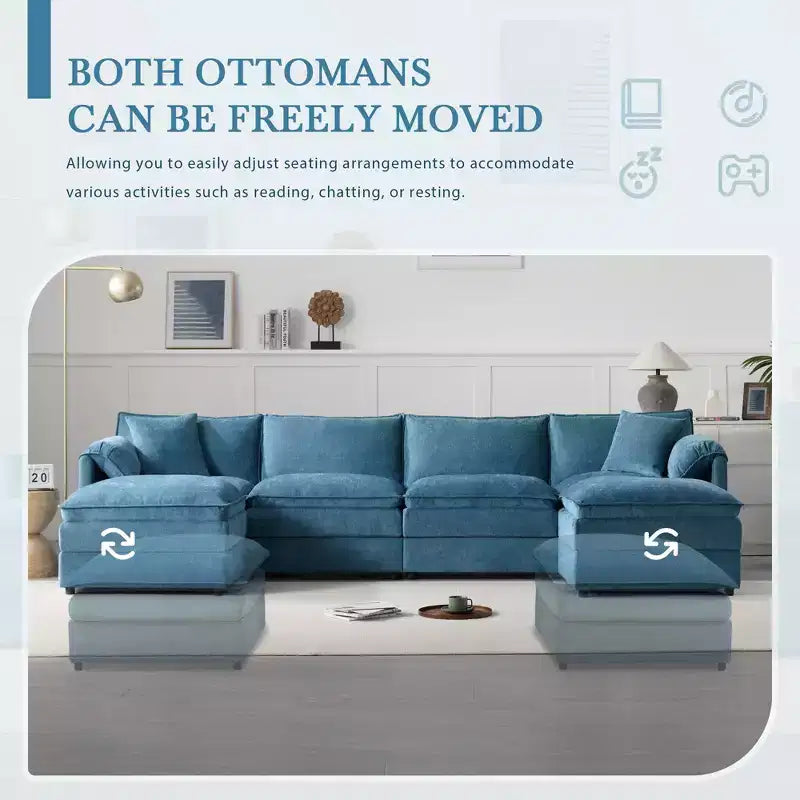 Whisen Modern Design 136 Chenille Modular Sectional Sofa with Double Cushions and Movable Ottomans