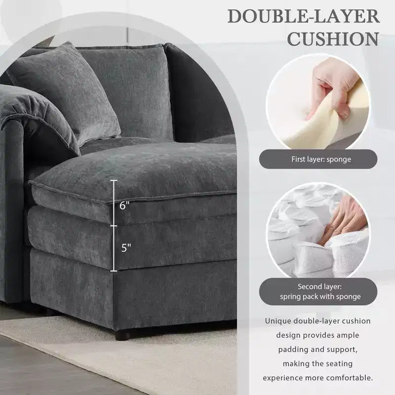Whisen Modern Design 136 Chenille Modular Sectional Sofa with Double Cushions and Movable Ottomans