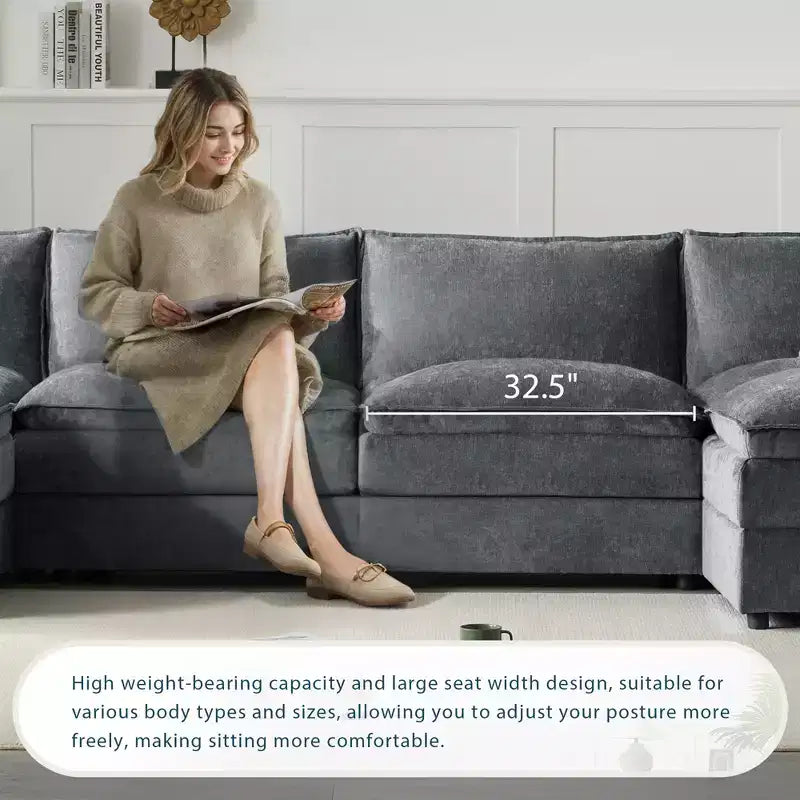 Whisen Modern Design 136 Chenille Modular Sectional Sofa with Double Cushions and Movable Ottomans