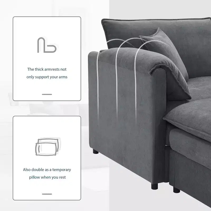 Whisen Modern Design 136 Chenille Modular Sectional Sofa with Double Cushions and Movable Ottomans