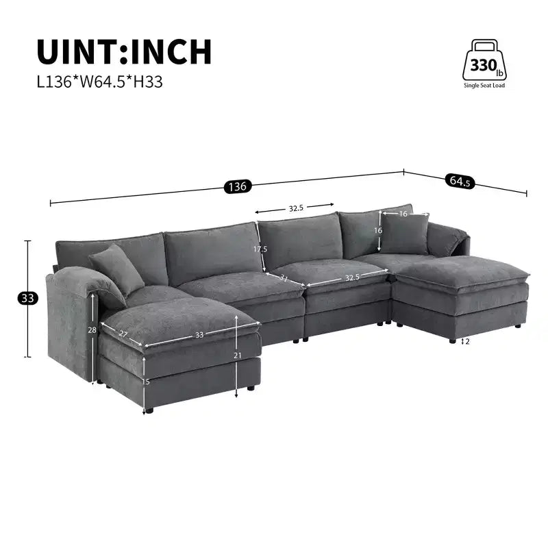 Whisen Modern Design 136 Chenille Modular Sectional Sofa with Double Cushions and Movable Ottomans