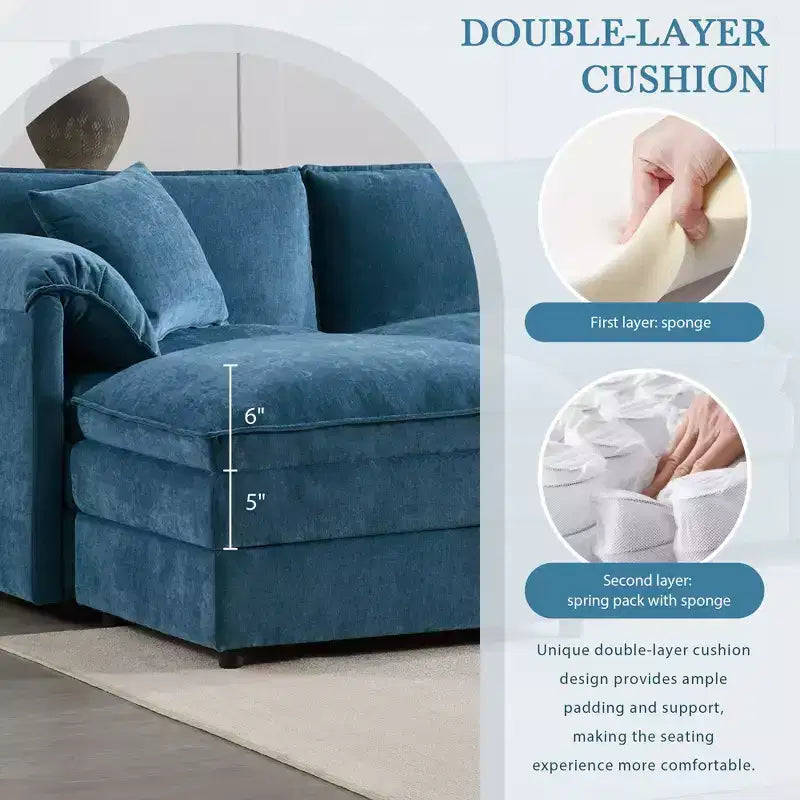 Whisen Modern Design 136 Chenille Modular Sectional Sofa with Double Cushions and Movable Ottomans