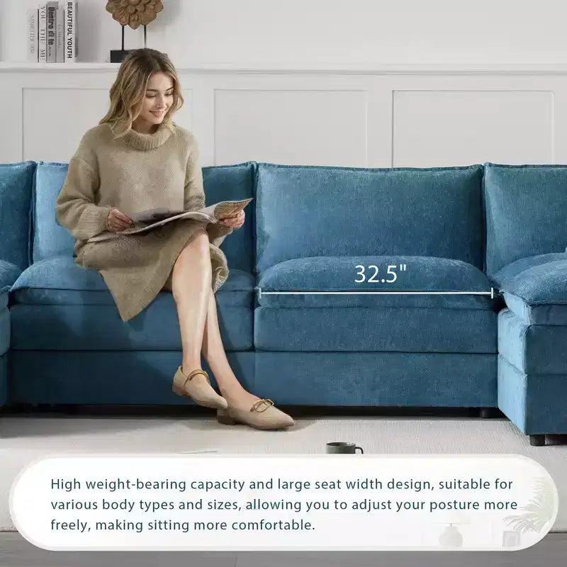 Whisen Modern Design 136 Chenille Modular Sectional Sofa with Double Cushions and Movable Ottomans