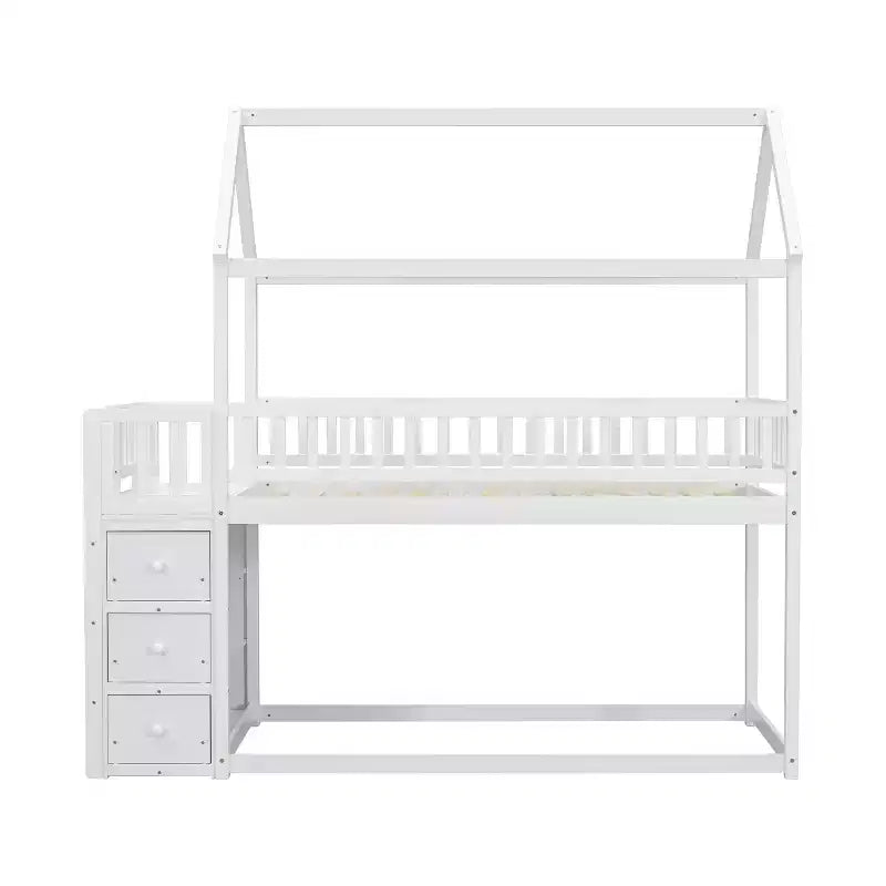 Letto a castello a forma di casetta Whisen Twin Over Twin con scaffali, cassetti e ringhiere di protezione