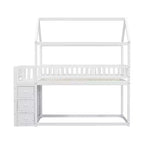 Letto a castello a forma di casetta Whisen Twin Over Twin con scaffali, cassetti e ringhiere di protezione