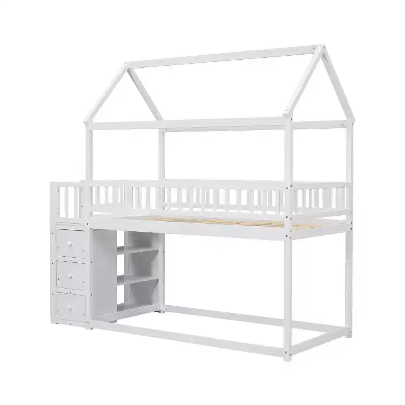 Letto a castello a forma di casetta Whisen Twin Over Twin con scaffali, cassetti e ringhiere di protezione