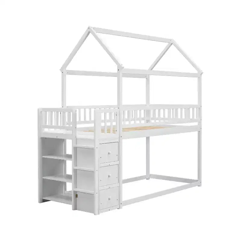 Letto a castello a forma di casetta Whisen Twin Over Twin con scaffali, cassetti e ringhiere di protezione