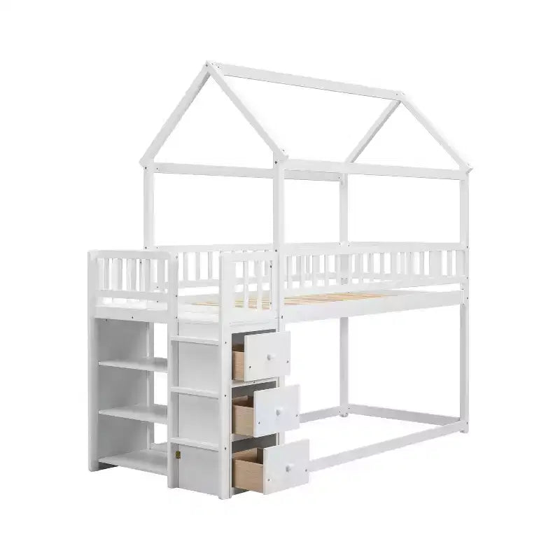 Letto a castello a forma di casetta Whisen Twin Over Twin con scaffali, cassetti e ringhiere di protezione