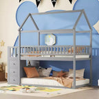 Letto a castello a forma di casetta Whisen Twin Over Twin con scaffali, cassetti e ringhiere di protezione