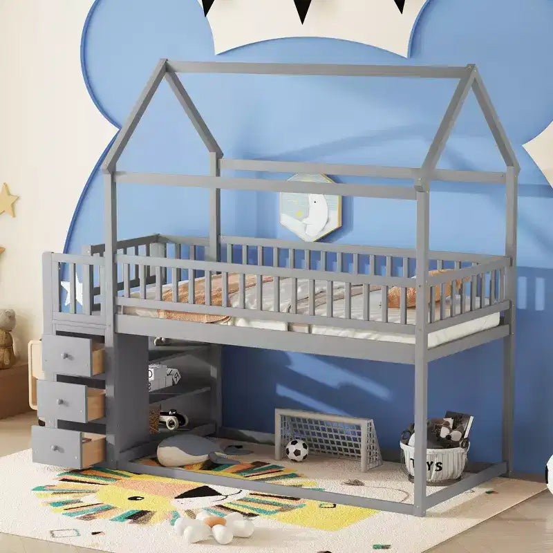 Letto a castello a forma di casetta Whisen Twin Over Twin con scaffali, cassetti e ringhiere di protezione