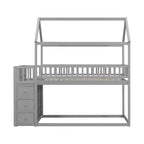Letto a castello a forma di casetta Whisen Twin Over Twin con scaffali, cassetti e ringhiere di protezione