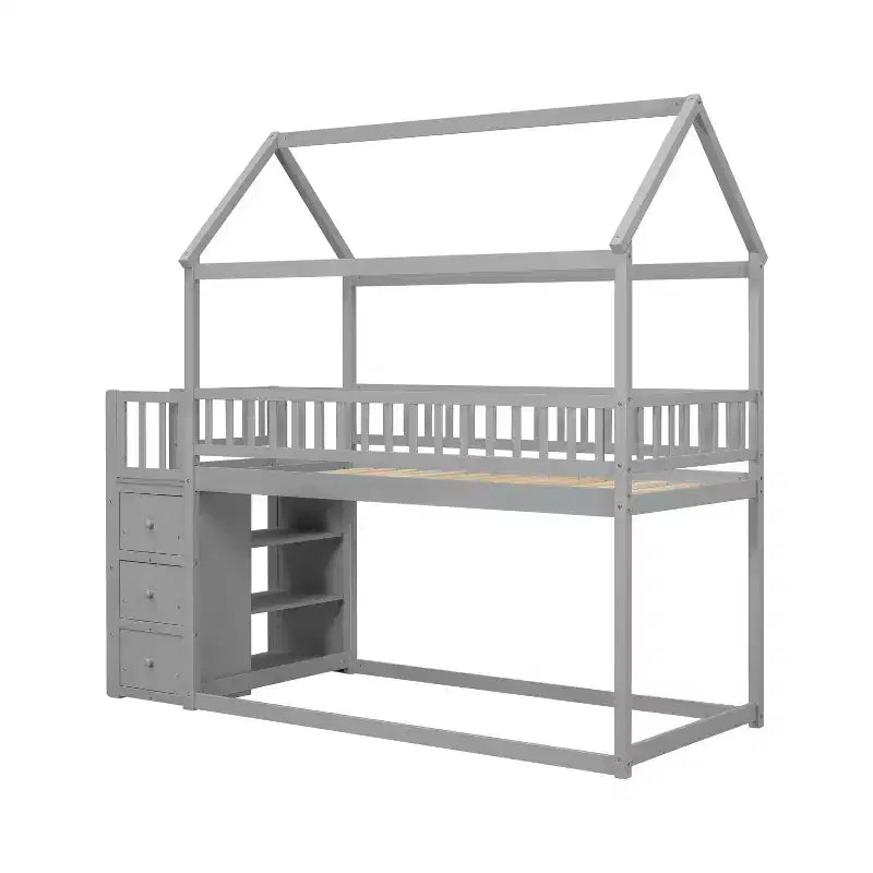 Letto a castello a forma di casetta Whisen Twin Over Twin con scaffali, cassetti e ringhiere di protezione