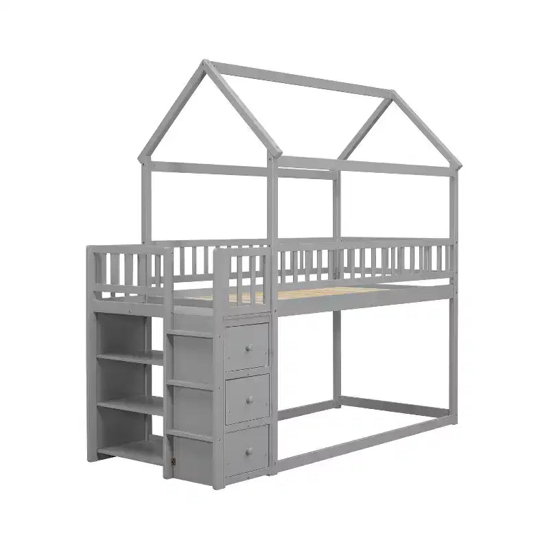 Letto a castello a forma di casetta Whisen Twin Over Twin con scaffali, cassetti e ringhiere di protezione