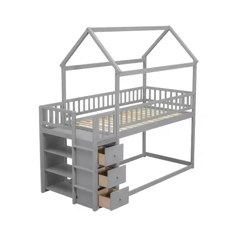 Letto a castello a forma di casetta Whisen Twin Over Twin con scaffali, cassetti e ringhiere di protezione