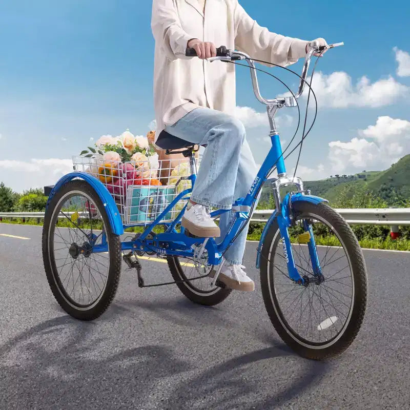 Triciclo pieghevole VEVOR per adulti, triciclo pieghevole a 7 velocità da 24 pollici per adulti, bici da crociera a 3 ruote in acciaio al carbonio con cestino e sedile regolabile