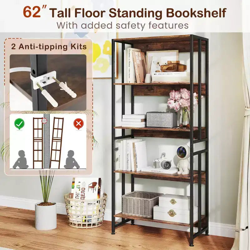 Costway 1/2 PCS 5 Tier Bookshelf 62 Tall Bookcase with Tiltable Shelves Display Storage Rack