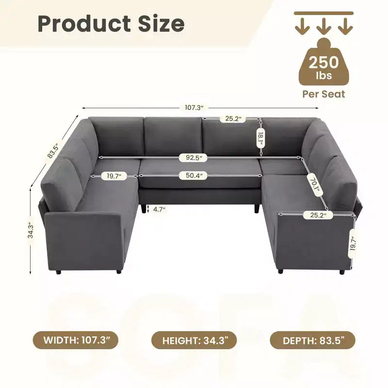 Hyleory Middle U Shaped Sofa, Large 8 Seater sofa,Breathable Soft Fabric
