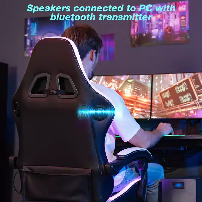 Sedia da gioco massaggiante Hoffree Extra Large, sedia da ufficio ergonomica per PC con altoparlante Bluetooth e luce RGB