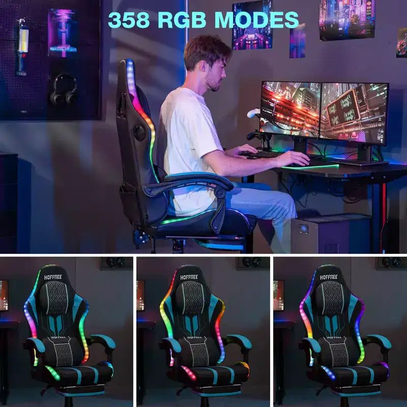 Sedia da gioco massaggiante Hoffree Extra Large, sedia da ufficio ergonomica per PC con altoparlante Bluetooth e luce RGB