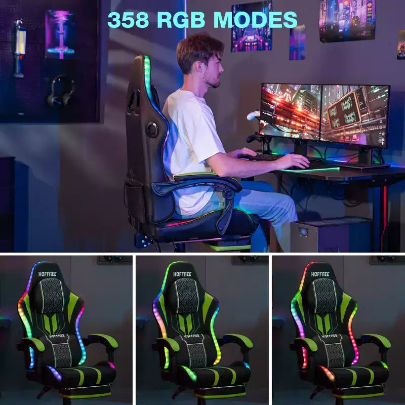 Sedia da gioco massaggiante Hoffree Extra Large, sedia da ufficio ergonomica per PC con altoparlante Bluetooth e luce RGB