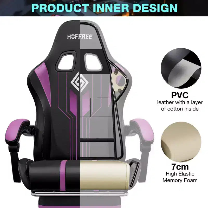Sedia da gioco massaggiante Hoffree Extra Large, sedia da ufficio ergonomica per PC con altoparlante Bluetooth e luce RGB
