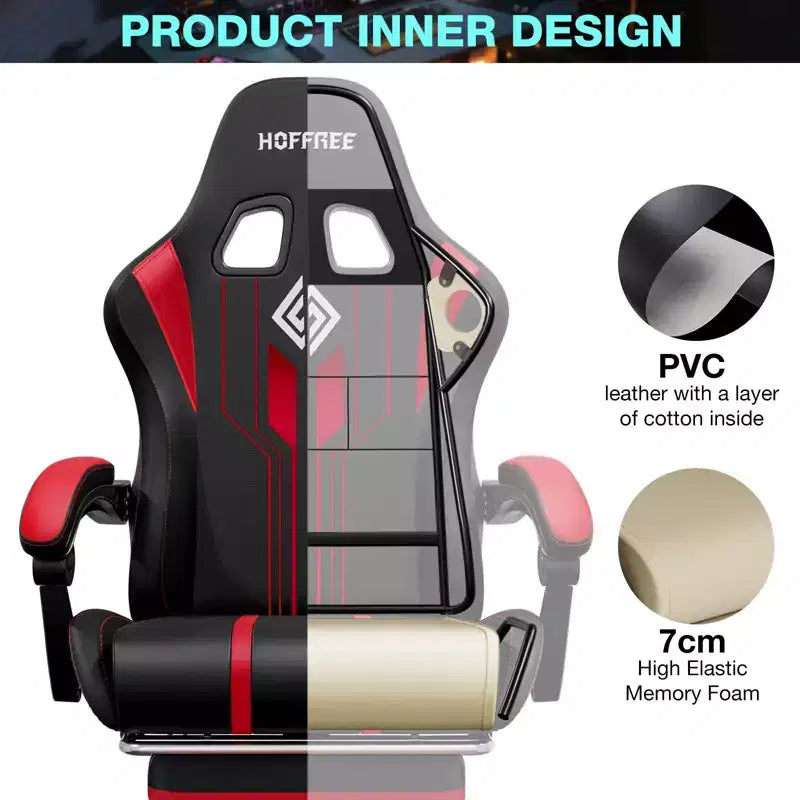 Sedia da gioco massaggiante Hoffree Extra Large, sedia da ufficio ergonomica per PC con altoparlante Bluetooth e luce RGB