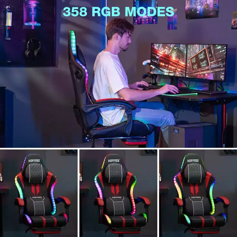 Sedia da gioco massaggiante Hoffree Extra Large, sedia da ufficio ergonomica per PC con altoparlante Bluetooth e luce RGB