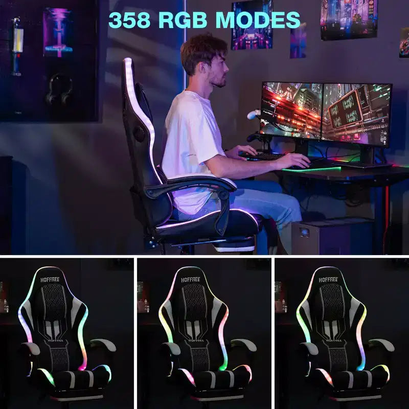 Sedia da gioco massaggiante Hoffree Extra Large, sedia da ufficio ergonomica per PC con altoparlante Bluetooth e luce RGB